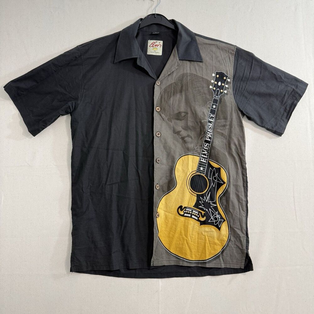 Elvis Presley by David Carey Shirt Mens Large Black Gray Guitar Button Up S/S